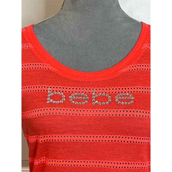 Y2k Bebe T-Shirt Womens L Red Striped Rhinestone Summer Bling Party Festive - Picture 2 of 11